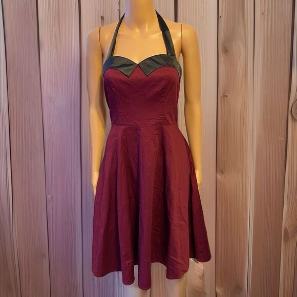VTG 1980s Dressystar Milkmaid MidiDress MaroonBlack Goth Vamp Halter Strap Tie - Picture 1 of 12